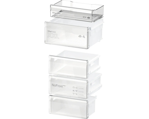 Mehrere transparente Kühlschrank Schubladen.