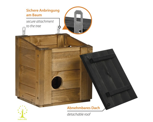 Vogelhaus aus Holz mit abnehmbarem Dach und sicherer Baumbefestigung