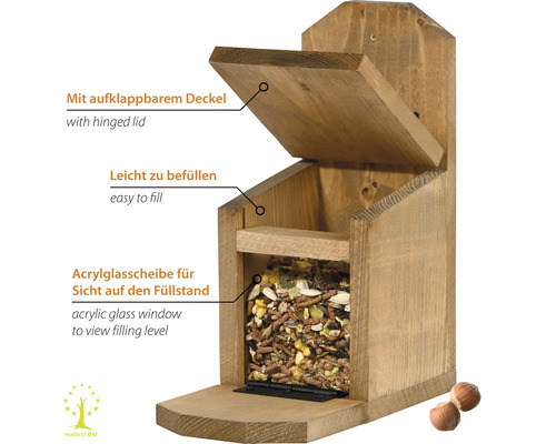 Vogelfutterhaus mit aufklappbarem Deckel, Acrylglasfenster und Futter