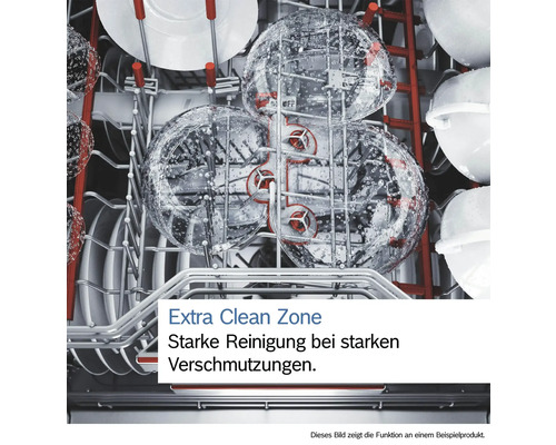 Innenansicht eines Geschirrspülers mit Geschirr, der eine intensive Reinigungszone hervorhebt