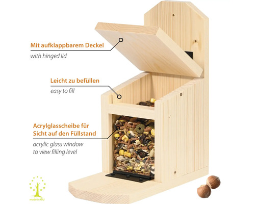 Vogelhaus aus Holz mit Acrylglasfenster und aufklappbarem Deckel