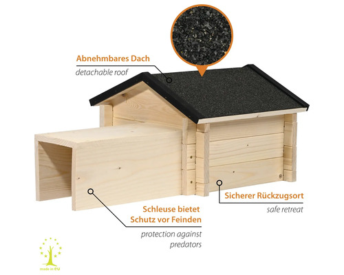 Holz Igelhaus mit abnehmbarem Dach und Eingangstunnel