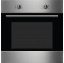 Edelstahl-Einbaubackofen mit Drehköpfen zur Temperatureinstellung und verschiedenen Heizprogrammen.