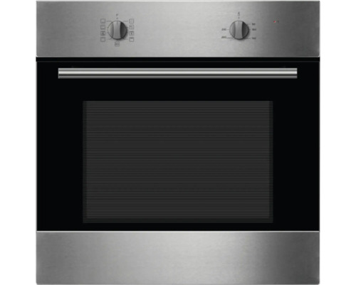 Edelstahl-Einbaubackofen mit Drehköpfen zur Temperatureinstellung und verschiedenen Heizprogrammen.