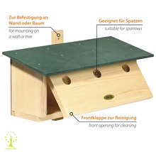 Spatzenhaus aus Holz mit Reinigungsklappe und Dach