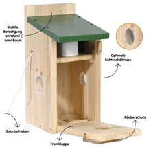 Solarbetriebenes Vogelhaus mit Frontklappe, Räuberschutz und stabiler Befestigung