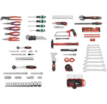 Sortiment verschiedener Handwerkzeuge, darunter Zangen, Schraubendreher, Hammer, Schraubenschlüssel und Messwerkzeuge