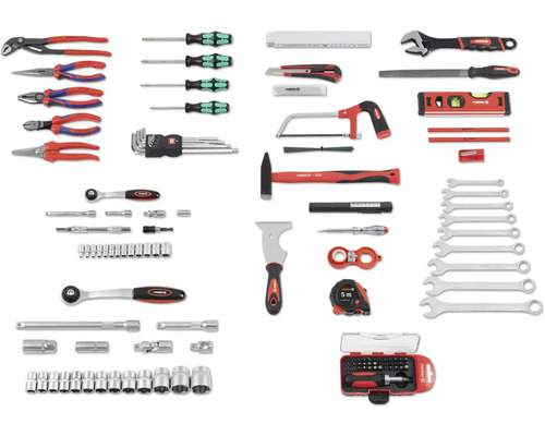 Sortiment verschiedener Handwerkzeuge, darunter Zangen, Schraubendreher, Hammer, Schraubenschlüssel und Messwerkzeuge