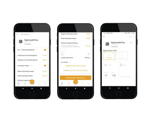 Drei Smartphones zeigen die NightmatIQ Plus App zur Lichtsteuerung.
