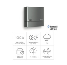 Steinel IQ Plus Sensor Außenleuchte mit Produktdetails wie 1000 Watt Leistung, Dämmerungsschalter, Eco-Modus, IP54 Schutzart, Bluetooth Mesh, Plastikfreie Verpackung und Bluetooth-Verbindung