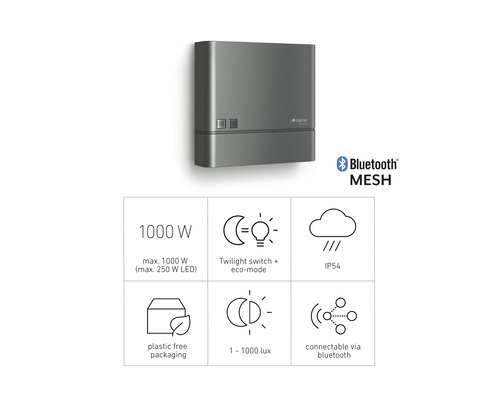 Steinel IQ Plus Sensor Außenleuchte mit Produktdetails wie 1000 Watt Leistung, Dämmerungsschalter, Eco-Modus, IP54 Schutzart, Bluetooth Mesh, Plastikfreie Verpackung und Bluetooth-Verbindung