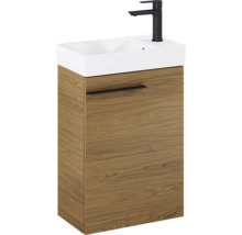 Waschtisch mit Unterschrank, Waschbecken, Armatur und Holzdekor
