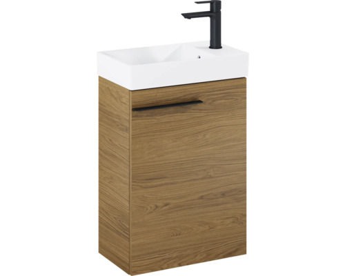 Waschtisch mit Unterschrank, Waschbecken, Armatur und Holzdekor