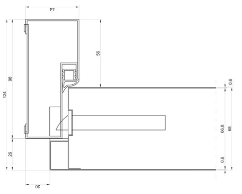 Technische Zeichnung eines Fensterprofils mit Maßangaben.