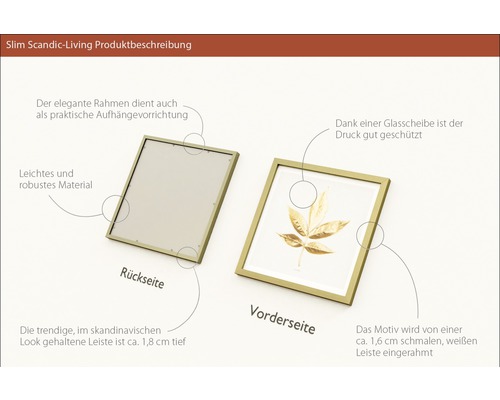 Produktbeschreibung eines Bilderrahmens mit schmaler Leiste und Blattmotiv