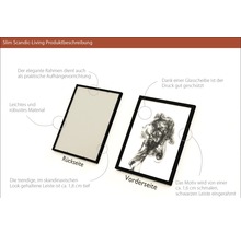 Produktabbildung eines Bilderrahmens mit schmalem, schwarzen Rahmen, der sowohl von vorne mit einem Bild als auch von hinten gezeigt wird