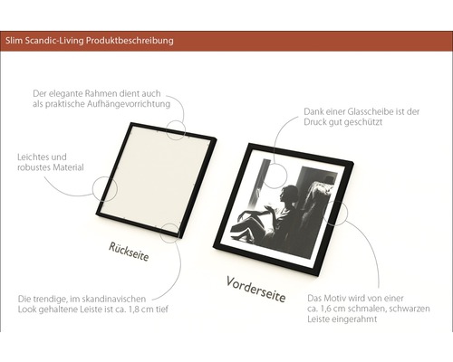 Produktbeschreibung für Slim Scandic-Living Bilderrahmen: Rück- und Vorderseite.