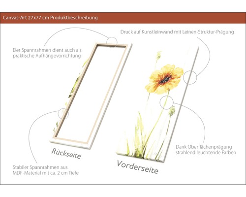 Leinwandbild mit Mohnblumenmotiv, 27x77 cm, mit MDF-Rahmen und Aufhängevorrichtung