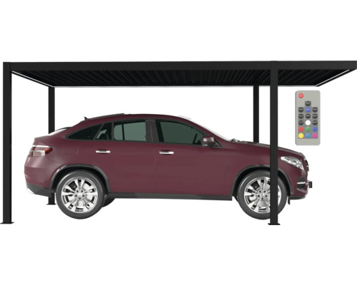 Auto unter einer schwarzen Lamellenpergola mit Fernbedienung