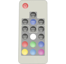Fernbedienung mit Tasten für Ein/Aus, Modus, Geschwindigkeit, Farbe und Helligkeit