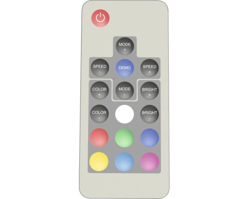Fernbedienung mit Tasten für Ein/Aus, Modus, Geschwindigkeit, Farbe und Helligkeit
