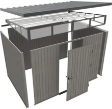 Explosionsdarstellung eines Gerätehauses mit Dach, Rahmen und Holzwänden