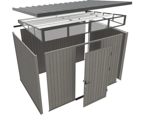 Explosionsdarstellung eines Gerätehauses mit Dach, Rahmen und Holzwänden