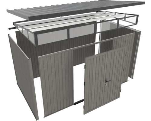 Explosionszeichnung eines Gerätehauses, das die einzelnen Bauteile zeigt