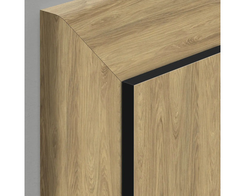 Detailansicht eines Schranks mit Holzstruktur und dunklen Kanten