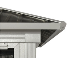 Detailansicht eines Gartenhauses mit Metalldach und Fensterrahmen