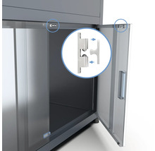 Detailansicht eines geöffneten Werkstattschranks mit Türscharnier