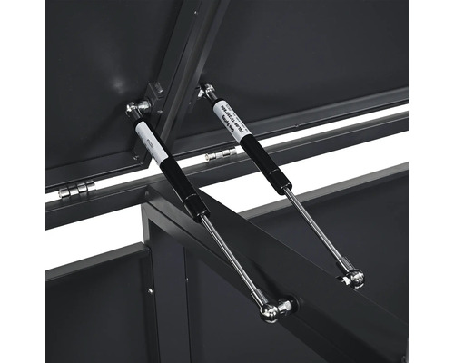 Detailaufnahme der Gasdruckfeder einer Aufbewahrungsbox.