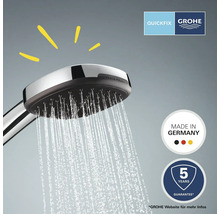 Brausekopf mit Wasserstrahl und Grohe QuickFix Logo