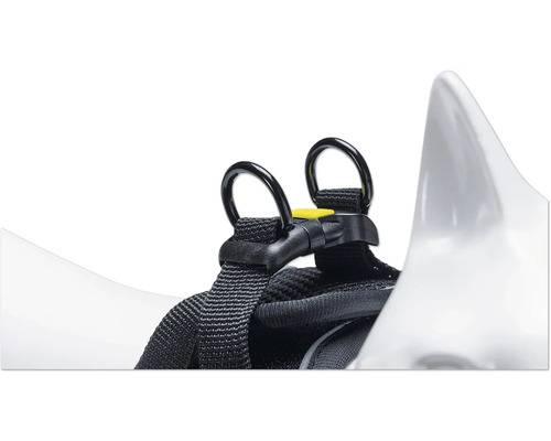 Detailansicht eines schwarzen Hundegeschirrs mit Befestigungsringen