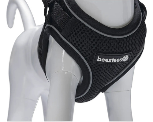 Schwarzes Hundegeschirr mit Reflektoren und Beeztees Logo