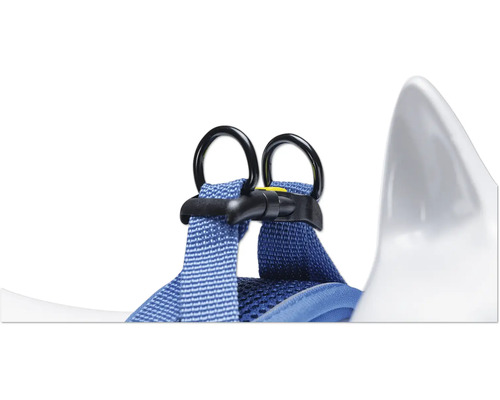 Detailansicht eines blauen Hundegeschirrs mit Ringen