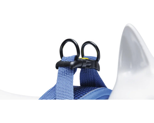 Detailansicht eines Hundegeschirrs mit Ringen zur Befestigung einer Leine