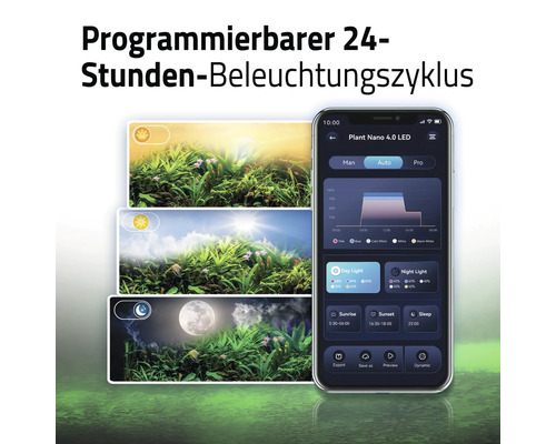 Programmierbarer 24-Stunden-Beleuchtungszyklus für ein Aquarium, dargestellt mit einer Smartphone-App zur Steuerung von Tageslicht, Nachtlicht, Sonnenaufgang, Sonnenuntergang und Schlafmodus.
