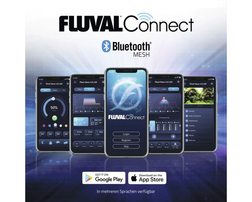 Fluval Connect App auf mehreren Smartphones dargestellt