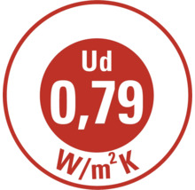 Ud-Wert von 0,79 W/m²K gibt den Wärmedurchgangskoeffizienten an