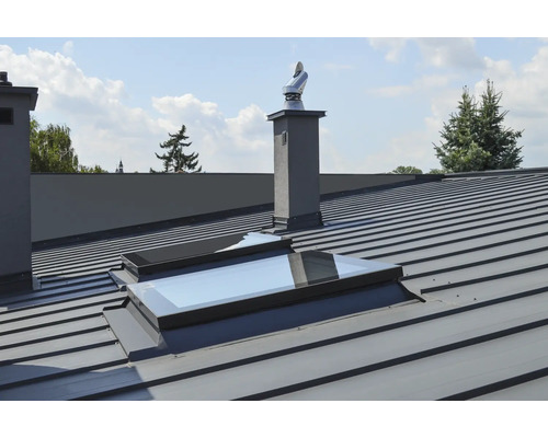 Dachansicht mit Metalldach, Dachfenstern und Schornsteinen