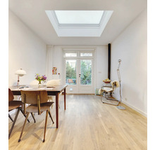 Heller Raum mit Dachfenster, Esstisch und Gartentür