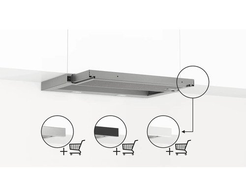Dunstabzugshaube zur Wandmontage mit Dekorleisten in verschiedenen Ausführungen