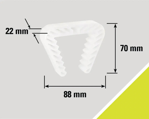 Befestigungsclip mit den Maßen 22 mm, 70 mm und 88 mm.