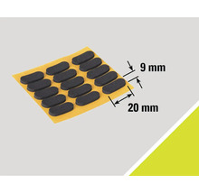 Selbstklebende Möbelgleiter mit den Massen neun mal zwanzig Millimeter auf einem Trägerbogen.