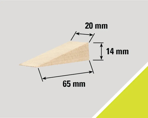Holzkeil mit den Maßen 65 mm Länge, 20 mm Breite und 14 mm Höhe