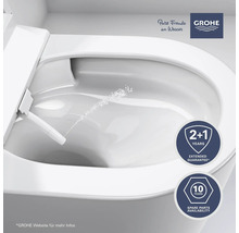 Nahaufnahme einer Toilette mit Bidetfunktion von Grohe mit Wasserstrahl, Grohe Logo, Hinweissiegel für erweiterte Garantie und Verfügbarkeit von Ersatzteilen
