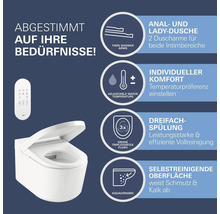 Dusch-WC mit Fernbedienung und verschiedenen Funktionen wie zum Beispiel Twin Shower Arms, einstellbare Wassertemperatur, Dreifach-Spülung und selbstreinigende Oberfläche