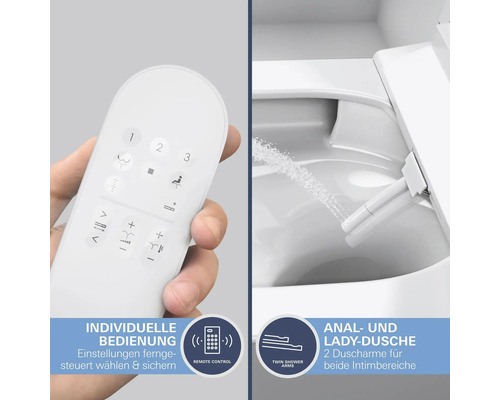 Nahaufnahme einer Toilette mit Bidetfunktion und einer Fernbedienung zur individuellen Einstellung der Funktionen.