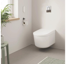 Modernes Badezimmer mit wandhängendem WC, Toilettenpapierhalter und Zimmerpflanze